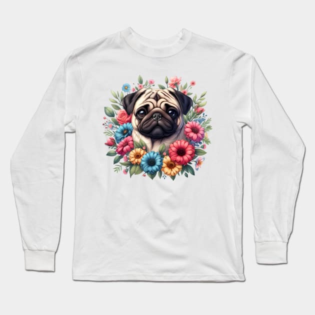 A pug decorated with beautiful colorful flowers. Long Sleeve T-Shirt by CreativeSparkzz